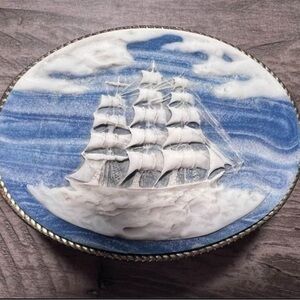 Vintage Beautiful Blue INCOLAY sailing ship Buckle/Trinket Box
